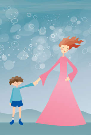 mother and son holding hands on turquoise backgroundのイラスト素材