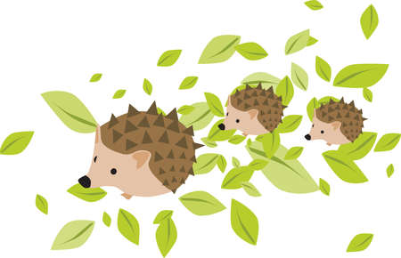 Mother hedgehog with two hadgehog babies on the leavesのイラスト素材