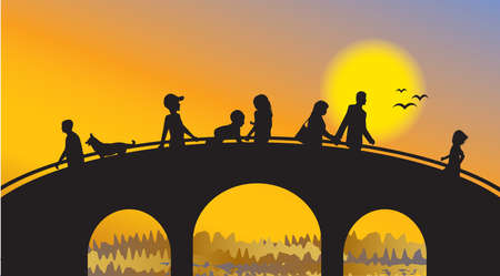 The bridge and people silhouettes on sunsetのイラスト素材