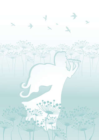 Background with fairy playing flute on the meadowのイラスト素材