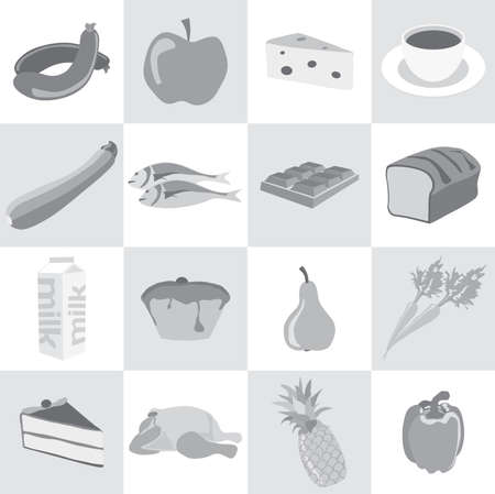 Food icons in black and white; sausage, apple, cheese, coffee, zucchini, fish, chocolate, bread, milk, muffin, pear, carrot, cake, chicken, pineapple, paprikaのイラスト素材
