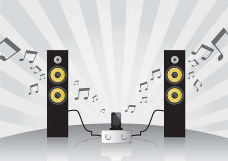 Hi-fi set with loudspeakers, amplifier and dock for mobile phone on the gray backgroundのイラスト素材