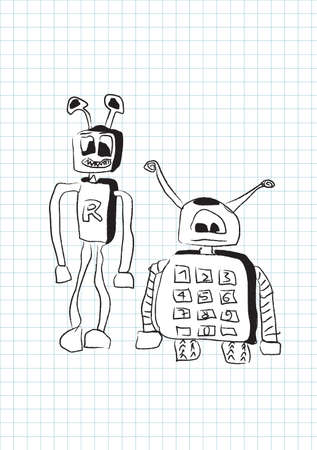 Two funny stupid robots in doodle style - vectorのイラスト素材