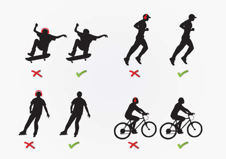 Concept of recreation  skateboarding, jogging, roller skating, cycling  and wearing a headphonesのイラスト素材
