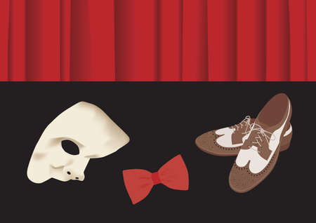 Old fashion shoes, bow tie and phantome mask in front of stage curtainのイラスト素材