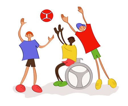 Disabled players with ball, boy in wheelchair. Physical disorder of child. Sport inclusion concept. Happy childhood. Boys players with a ball. Flat children.のイラスト素材