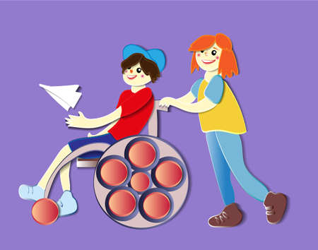 illustration for inclusion. Walk of a girl and a boy in a wheelchair with a paper airplane.のイラスト素材