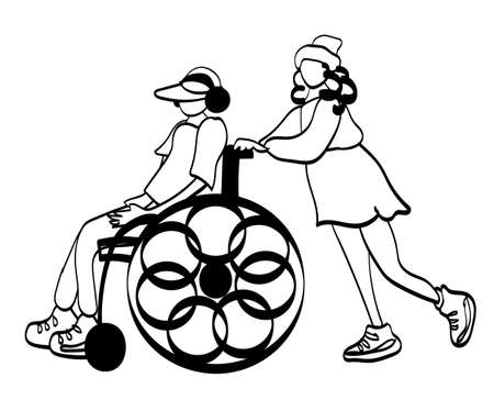 The illustration for inclusion. Walk of a girl and a boy in a wheelchair. The black and white sketch of a girl and a boy.のイラスト素材