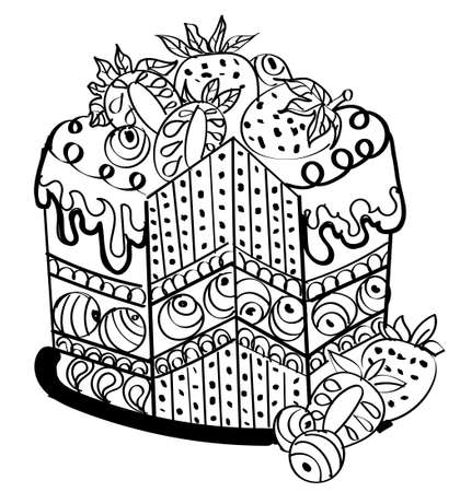 Celebration illustration cake sketch with strawberry. Graphic art for coloring book. Sweet cake for Birthday, Wedding, Holiday. Black and white sketch. Zentangl illustration.のイラスト素材