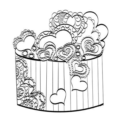 Celebration illustration cake sketch with hearts. Coloring book for adult. Sweet cake for Birthday and Holiday. Black and white sketch. Zentangl illustration.のイラスト素材