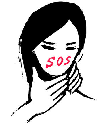 illustration of domestic violence. A woman asks for help. This woman is suffering.のイラスト素材