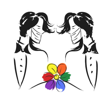 LGBT couple. Portrait of cute young men at mask. Pair of romantic partners on date. Homosexual relationship. Concept of love at first sight. illustration for Valentine's Day.のイラスト素材