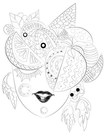Vector illustration of carnival mask for children and adult coloring book, clothes emblem. stylized moon and crescent isolated on white background.のイラスト素材