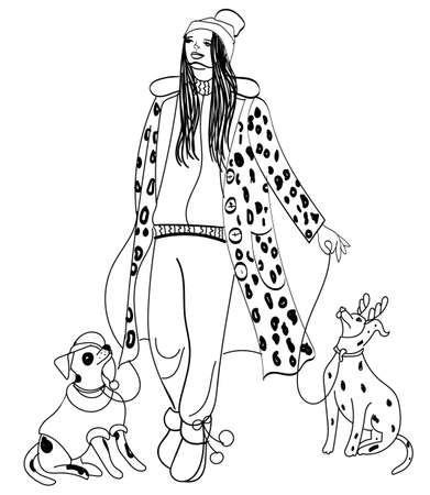 christmas illustration of a fashion girl and a dog.A girl and a dog on a walk. On a white background.White and black sketch. it can be used for children's and adult coloring booksのイラスト素材