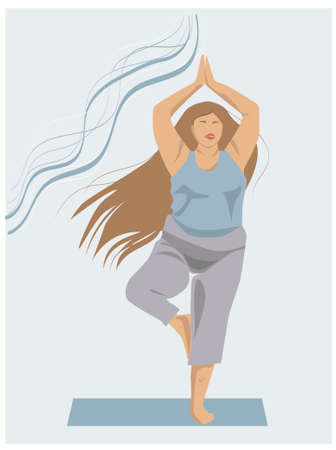 A young woman size plus takes yoga lessons. Body positive.The girl performs aerobics exercises and morning meditation. physical and spiritual practices. The illustration in the style of a faceless.のイラスト素材