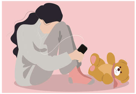ILLUSTRATION OF A TEENAGE GIRL. A TEENAGE GIRL WITH A TOY.TEENAGR CRYINGのイラスト素材