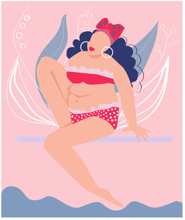 Illustration of body positive. Girl full and thin demonstrate acceptance of her body. Body positive culture.のイラスト素材