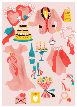 a hand-drawn color wedding set.Wedding attributes of the bride and groom.dress,flowers,glasses,invitations,etc.のイラスト素材