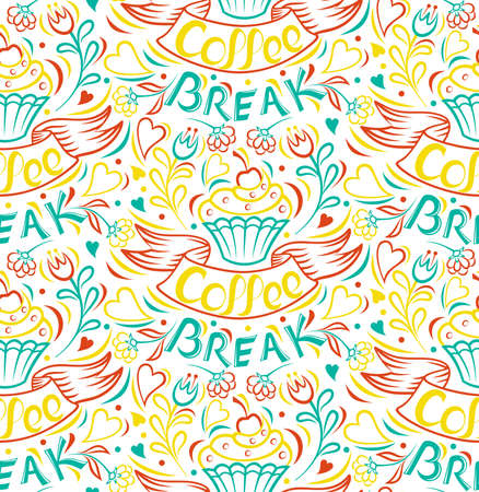 Coffee break. Cake draw by hand, clipped seamless background. Painted by hand ribbon letter. Vintage style poster. Isolated, vector illustration.のイラスト素材