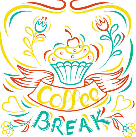 Coffee break. Draw by hand Cake, Motivational poster board. Painted by hand ribbon letter. Vintage style poster. Isolated, vector illustration.のイラスト素材