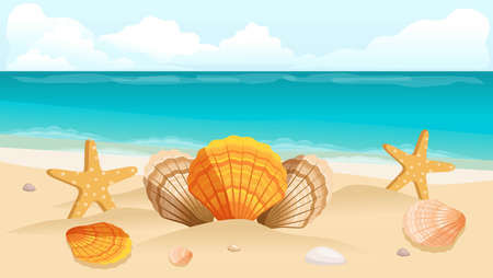 Vector illustration travel postcard, leaflet, the beach, the sea, the composition of shellsのイラスト素材
