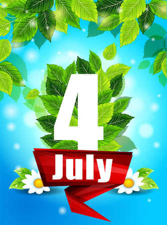 Quality background with green leaves. Bright poster July 4th with flowers and the words, pattern, design for printingのイラスト素材