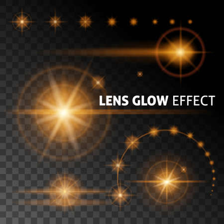 Realistic lens flares and rays flash white orange light on a dark background. Set the template for web design. vector illustrationsのイラスト素材