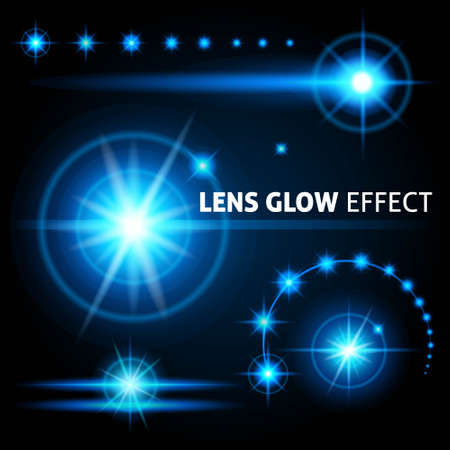 Realistic lens flares and rays flash white orange light on a dark background. Set the template for web design. vector illustrationsのイラスト素材