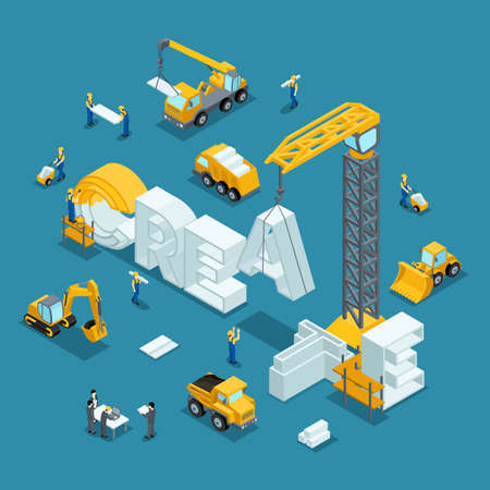 Isometric 3d Building business idea, creative, create. Working people in the construction work. Development plan of the invention. Construction Isometric People Isometric vector illustrationのイラスト素材