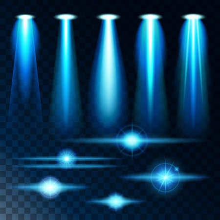 Set realistic light shine bright glare of lamps, a set of various shapes and projections on a dark background. Abstract vector illustrationのイラスト素材