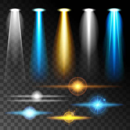 Set realistic light shine bright blue glare of lamps, a set of various shapes and projections on a dark background. Abstract vector illustration.のイラスト素材