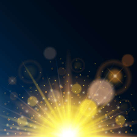Magic lights on a blue background transparent. Solar glow, lens effect, the solar flare. Bright design. Vector illustration.のイラスト素材