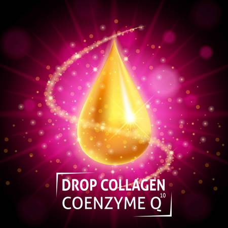 Serum Collagen Coenzyme Q10, realistic golden drop on a crimson background. Taking care of the skin. Anti age hyaluronic serum. Design cosmetics. Vector illustration.のイラスト素材