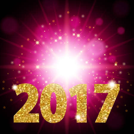 New Year 2017 text gold color, bright light, a realistic background crimson light. Efect lens glow...