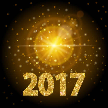 New Year 2017 text gold color, bright light, background realistic golden light. Efect glow lens modern design. Abstract vector illustrationのイラスト素材