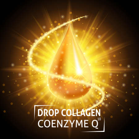 Serum Collagen Coenzyme Q10, realistic golden drop. Taking care of the skin. Anti age hyaluronic serum. Design cosmetics. Vector illustration.