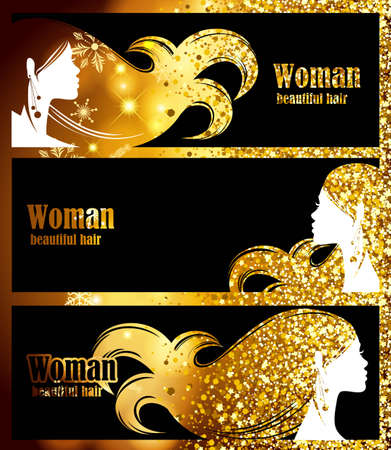 Black Banners, golden background bright sparkles, golden glow, beautiful feminine silhouette stylish hair. template design decoration. Vector illustration.のイラスト素材