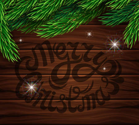 Christmas decoration on the background of the wooden planks. Christmas tree branch, bright multi-colored lights on a bright wooden background. Poster for the New Year and Christmas.のイラスト素材
