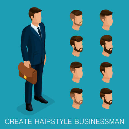 Popular isometric qualitative study, a set of men's hairstyles, hipster style. Fashion Styling, beard, mustache. Stylish modern young businessman. Vector illustration.のイラスト素材