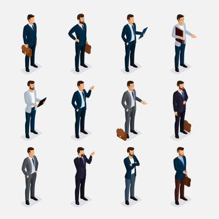 Business people isometric set with men in suits, beard styling stylish hairstyle mustache office isolated. qualitative study. Vector illustration.のイラスト素材