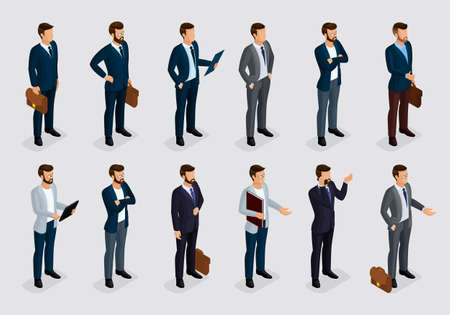 Business people isometric set of men in suits on a gray light background, beard styling stylish hairstyle mustache office. Qualitative study. Vector illustration.のイラスト素材