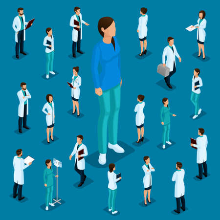 Trendy isometric people. Medical staff, hospital, doctor, surgeon. Most nurse, People for the front...