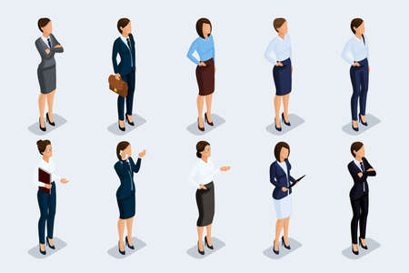 Isometric set of elegant beautiful business woman in business clothing. Business woman doing a job. The modern style of a business woman. Vector illustrationのイラスト素材