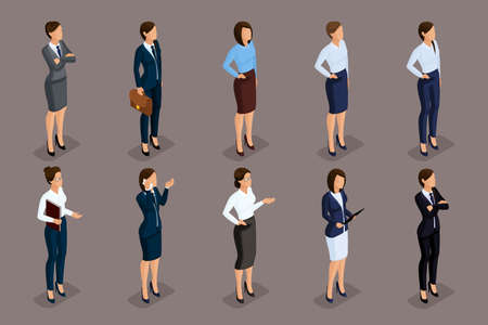 Isometric set of elegant beautiful business woman in business clothing. Business woman doing a job. The modern style of a business woman on a dark background, isolatedのイラスト素材