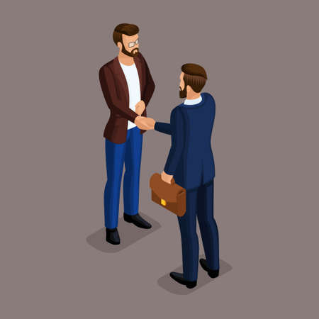 Isometric people isometric businessmen shaking hands in a business suit, make a deal. Business meeting on a dark background. Vector illustration.のイラスト素材