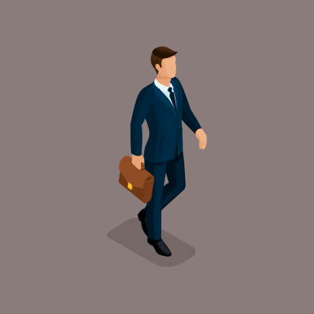 Isometric people isometric businessman is in a hurry for a meeting, holding briefcase with documents on a dark background. Vector illustration.のイラスト素材