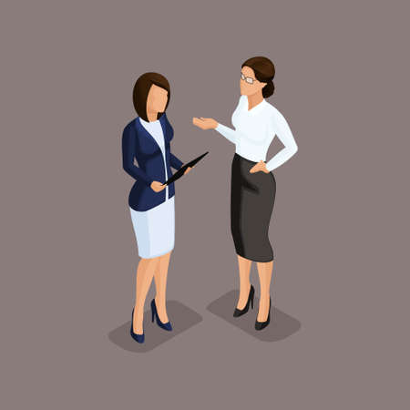 Isometric people isometric business woman holding talks, the chief scolds subordinates. Dress code on dark background isolated. Vector illustration.のイラスト素材