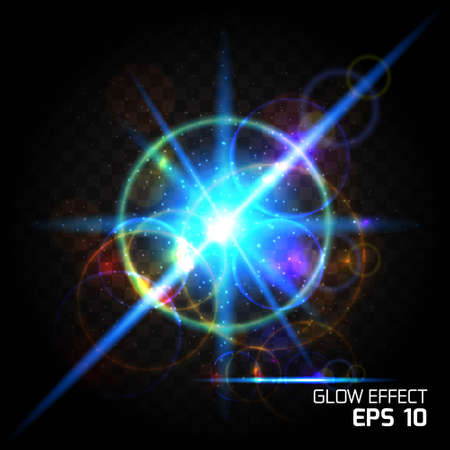 Influence of particle, bright light effects blue magic ball. Glow Dust Sparks luxury design bright background, glow bright glare lighting effect on clear dark background.のイラスト素材