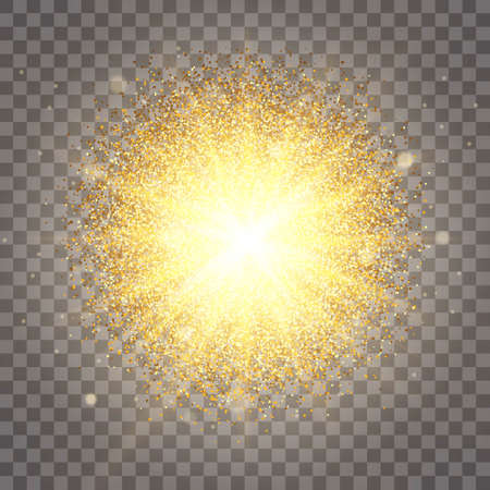 Effect of particles flying on top of a gold glitter sparkles dust luxurious design rich background. The effect of sunlight illumination. Luxury golden texture on a transparent background.のイラスト素材