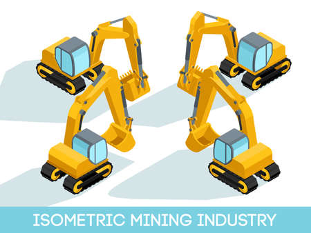 Isometric 3D mining industry icons set 5 image of mining equipment and vehicles isolated vector illustration.のイラスト素材